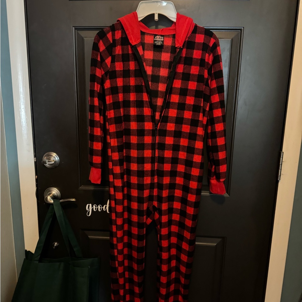 Kids size large (10/12) flannel hooded reindeer union suit